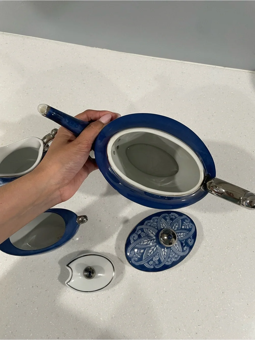 Bombay Blue & White Porcelain Tea Set – Teapot, Creamer & Lidded Sugar Bowl